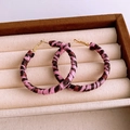 Pink and dark coffee silk wrapped hoop earrings with gold hooks on velvet display - 81# Silver Earring Post - Pink - Pink Black Spiral Stripe Hoop