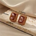 Vintage rectangular amber gemstone earrings with pavé diamonds in warm tones - K-0626 Zultanite Rectangular Stud Earrings