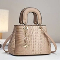 Detailed macro shot of beige crocodile pattern texture and star charm on handbag - Khaki