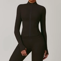 Dark coffee zip-up yoga set with high waist leggings and thumb-hole sleeves for sports - S / Tops / Black Coffee