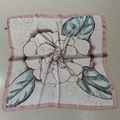 Elegant square satin scarf featuring a pink border and ivory camellia flower print - Ink And Color Floral Square Handkerchief / 65