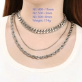 Three-layer silver stainless steel layered necklace set with chunky Cuban and rope chains - Cuban Link + Fine Chain + Rope Chain Triple Layer Set / Silver 3-Layer Style (KN288930-Z)