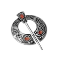Antique silver Viking brooch with Celtic knot patterns and three red oval gemstones - D-494 Antique Silver