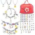 DIY charm bracelet kit for kids with pink handbag, assorted colorful beads and pendants - Silver Multicolor