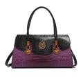 Purple and black crocodile texture handbag with gold metal accents and twin handles - Purple/Black Patchwork Crocodile