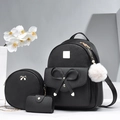 Black Saffiano leather 3-piece backpack set with bow detailing and fluffy charm - Black