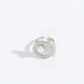 Adjustable silver flower ring featuring central ABS pearl and surrounding crystal accents - Round Plate Big Pearl (Silver)