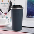 Matte dark grey stainless steel vacuum insulated coffee mug with flip lid and silver rim - Gen 2 Navy Blue (COFFEE Print)