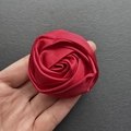 Detailed view of handmade red satin rose brooch showing silk texture and layered petals - Large 5.5CM / Red