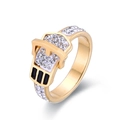 Gold belt buckle ring with micro-paved clear gems and black shell inlay on white background - US 6 / Gold