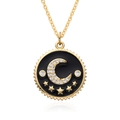 Goldene Stern- und Mond-Medaillon-Halskette mit schwarzer Emaille und Zirkonia - Schwarzes Emaille Mond Stern Stil (c454)