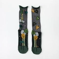 Sheer grey mesh socks with green trim and abstract colorful patterns in mid-calf style - One Size / Green Stone Heart