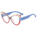 Elegante TR90 cat-eye blauw licht bril met oranje houtnerf en rood kleurverloop montuur - Gestreepte Bovenkant Rode Onderkant Blauwe Poten