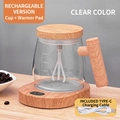 Electric self-stirring glass coffee mug with wood grain texture base and USB cable - Wood Grain - Clear White (Charging Model) + USB Cup Warmer