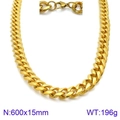 Men's hip hop gold stainless steel Cuban link chain necklace with 600x15mm dimensions - Gold Cuban Link Necklace 600x15mm(KN93851-Z)