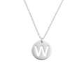 Vue macro d'un collier en acier inoxydable avec un pendentif rond ajouré de la lettre W - Lettre W (Couleur Acier)