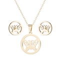 Golden stainless steel jewelry set featuring hollow butterfly pendants on necklace and studs - 030 Round Hollow Butterfly - Gold