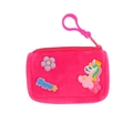 Detail of hot pink plush unicorn coin purse with cloud silicone patch and zipper clip - Rose Red