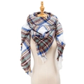 Plaid checkered triangle scarf in brown blue and green with decorative fringe - Natural White Rainbow Plaid