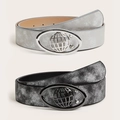 Vintage black and silver belts with oval globe buckle for men and women - Earth Buckle Set