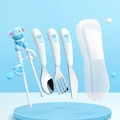 Blue stainless steel children's cutlery set with cartoon elephant handles and storage box - Elephant Set (Spoon+Fork+Knife+Chopsticks+Box)
