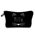 Detail of black cat makeup bag with white Meow print, durable zipper and top handle - MEOW Letter Cat Print