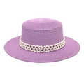 Flat top lavender straw hat for women with elegant pearl beaded trim for summer shade - M (56-58cm) / Taro Purple