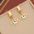 Macro detail of gold-plated evil eye hoop earrings with blue enamel on a jewelry box - Radial Eyelash Eye (7#)