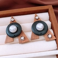 Detail of geometric wood triangle earrings with black patch and center faux pearl - Silver Pin Light Coffee Wood Triangle Patchwork Round Pearl Style