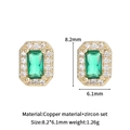 Golden rectangular green zircon stud earrings with micro-set white crystals - 8.2x6.1mm / Green