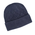Close-up of navy blue knit beanie showing diamond cable stitch pattern and ribbed cuff - Navy Blue