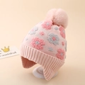 Detail of pink knitted hat with warm faux fur pompom and 3D floral pattern embroidery - One Size (3-8Y) / Pink