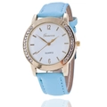 Women's quartz watch with light blue leather strap and gold crystal bezel finish - Light Blue