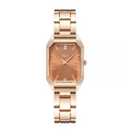 Macro detail of rose gold rectangular watch featuring a coffee brown dial and crystal indices - Brown
