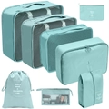 Set de 7 organisateurs de voyage bleu clair avec cubes de rangement et sacs à chaussures - Ensemble de 8 Pièces Sac à Cosmétiques / Bleu lac