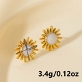 Macro detail of sun-shaped 18k gold plated steel studs showing dimensions 1.6cm and 1.4cm - Gold White
