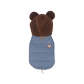 Blue quilted dog winter vest with brown fleece bear ear hood and metal D-ring attachment - S / Blue