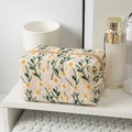 Canvas makeup bag with daisy embroidery and gold zipper in beige finish for travel - Beige Square Makeup Bag