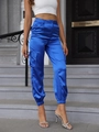 Pantaloni cargo in raso blu a vita alta con tasche multiple da donna stile jogger - XS / Blu
