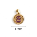 17mm round gold plated stainless steel pendant with purple enamel letter S detail - S