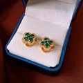 Detailed close-up of golden clover earrings with green malachite and zircon pavé detail - Four-leaf Clover Green Stone Style (31#)