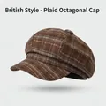 Classic brown plaid newsboy cap with vintage British style octagonal stitching - One Size / Striped Plaid-Coffee