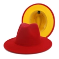 Elegant two-tone red and yellow vintage wool blend jazz fedora hat with a wide brim - M (56-58cm) / Red with Yellow Inside