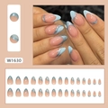 Almond press-on nails in nude pink with light blue French tips and silver glitter, model W1630 - W1630 Blue French