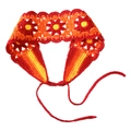 Detail of handmade crochet sunflower headband with red knit ties and floral texture - Orange Red