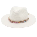 Detailed macro view of white woven straw fedora hat featuring vibrant colorful beaded band - One Size / White