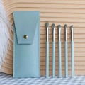 Dettaglio di cinque pennelli da trucco azzurri con custodia in pelle coordinata - 5 Pezzi + Borsa / Verde Chiaro Caramella