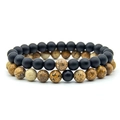 Detailed macro view of 8mm natural lava rock and tiger eye stone beaded stretch bracelets - Matte Black + Picture Jasper