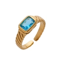 Bague en acier inoxydable plaqué or 18k avec pierre bleue rectangulaire et anneau texturé - Or + Bleu