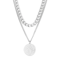 Double-layered silver necklace with thick Cuban chain and round religious medal pendant - Steel Color (KN236388-Z)